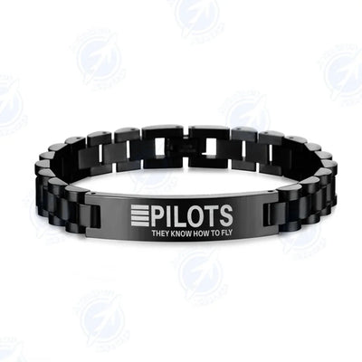 Side view of Pilots They Know How To Fly aviation chain bracelet in stainless steel, polished finish.