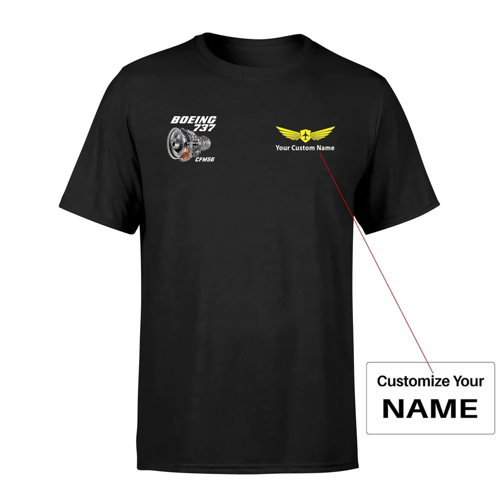 Boeing 737 Engine & CFM56 aviation design printed on soft cotton small-logo T-shirt.