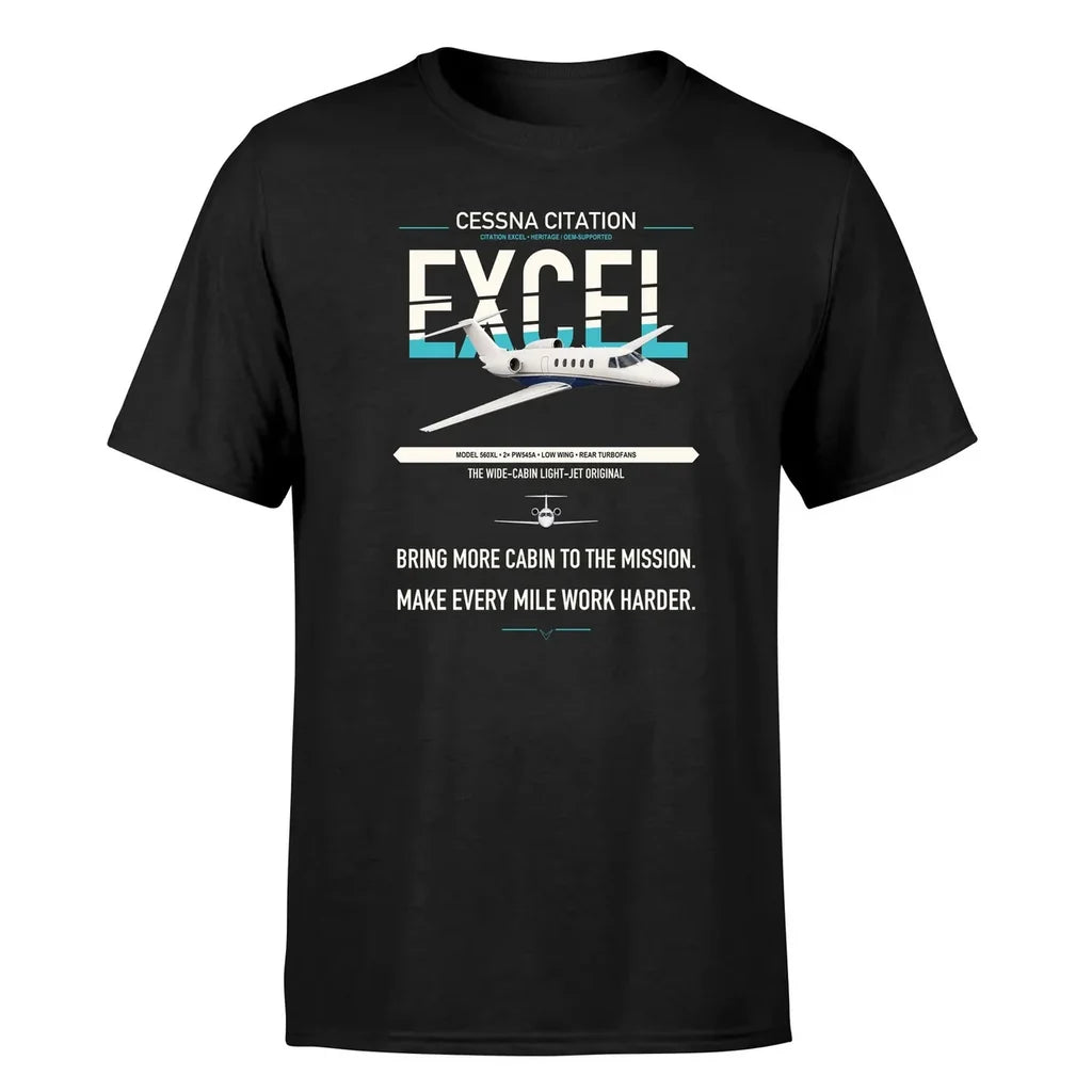 Cessna Citation Excel design on black double-side t-shirt, single-side print