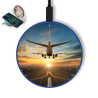Airplane over Runway Towards the Sunrise aviation design on durable build wireless charger.