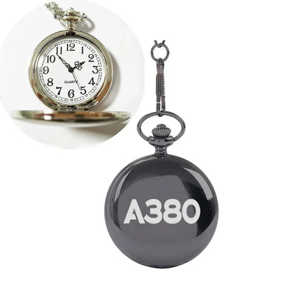 Airbus A380 Flat Text aviation pocket watch, brushed metal body with engraved detail.