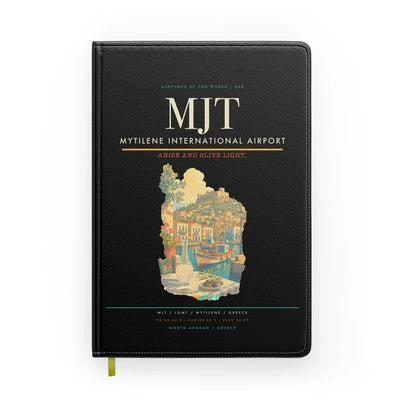 Mytilene International Airport (MJT) design on black notebook