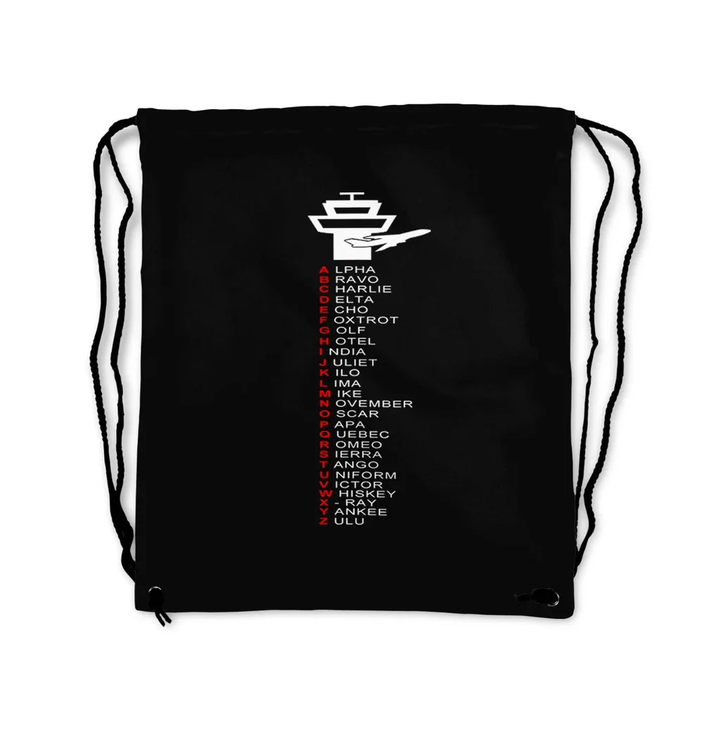 Aviation Alphabet aviation design drawstring bag, lightweight polyester construction.