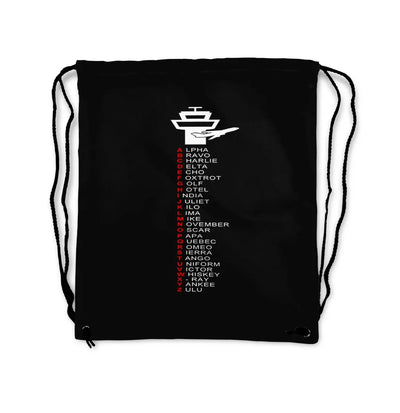 Aviation Alphabet aviation design drawstring bag, lightweight polyester construction.