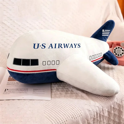 US Airways aviation design on soft polyester filling airplane-shape decorative pillow.