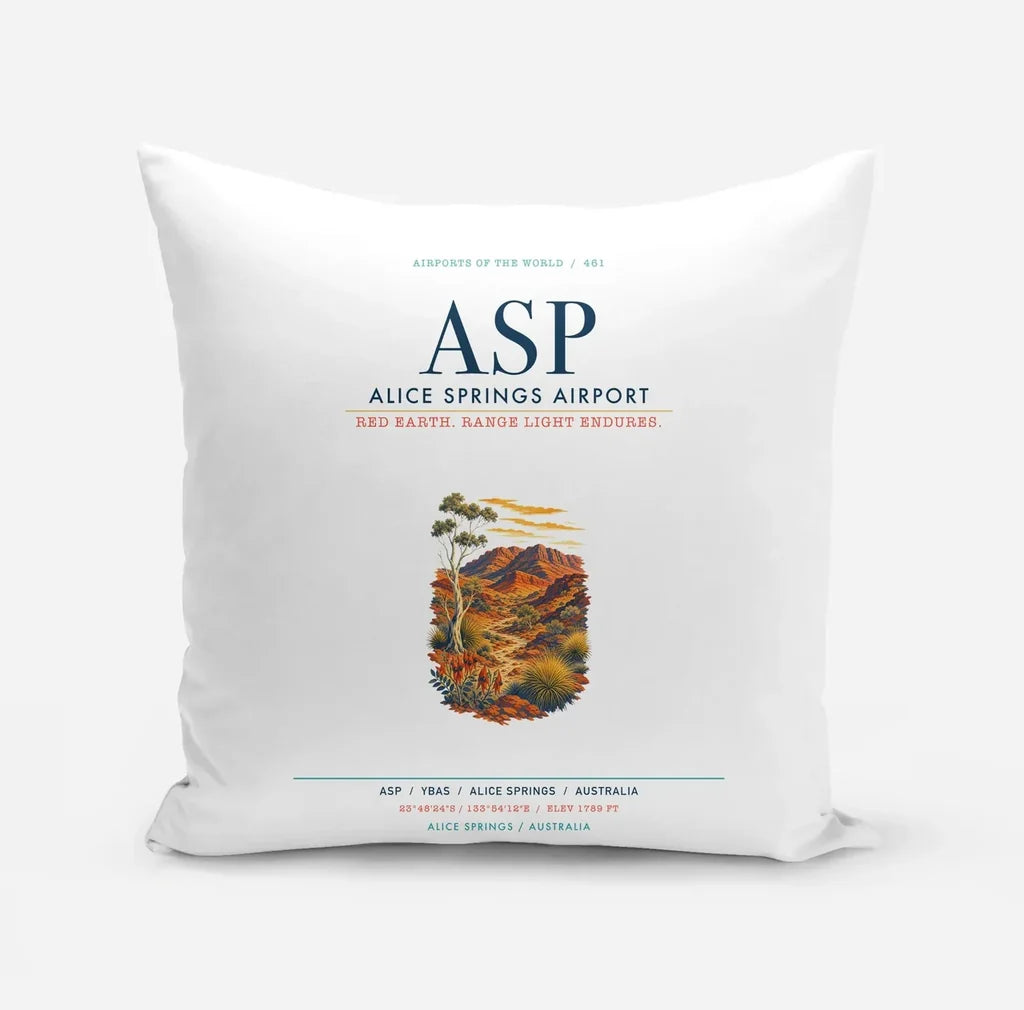 Alice Springs Airport (ASP) design on white pillow