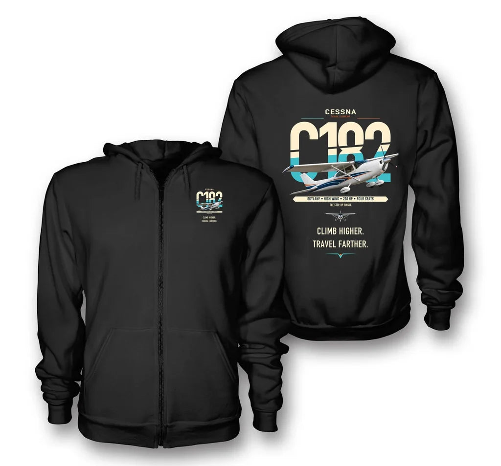 Cessna 182 Skylane design on black premium zipped hoodie, double-side print