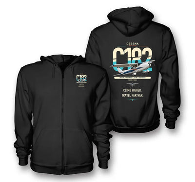 Cessna 182 Skylane design on black premium zipped hoodie, double-side print