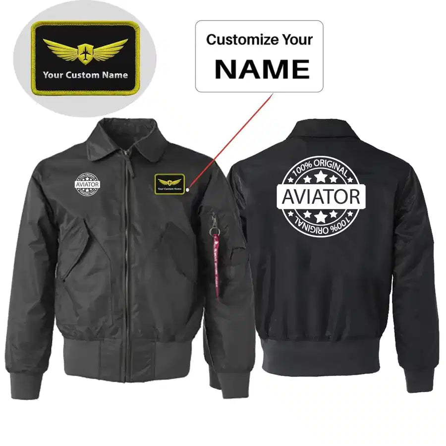 %100 Original Aviator Embroidered aviation design printed on padded shell with hook-and-loop patch panels patch bomber jacket.