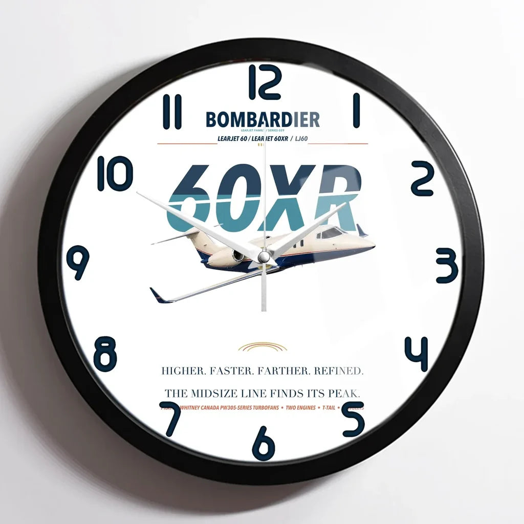 Bombardier Learjet 60XR design on white framed wall clock