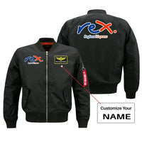 Thumbnail for Rex Airlines aviation design with custom name embroidered on black bomber jacket