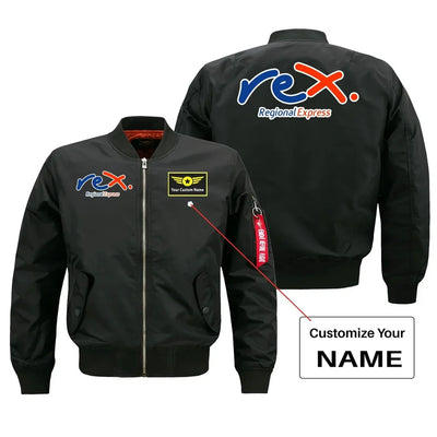 Rex Airlines aviation design with custom name embroidered on black bomber jacket