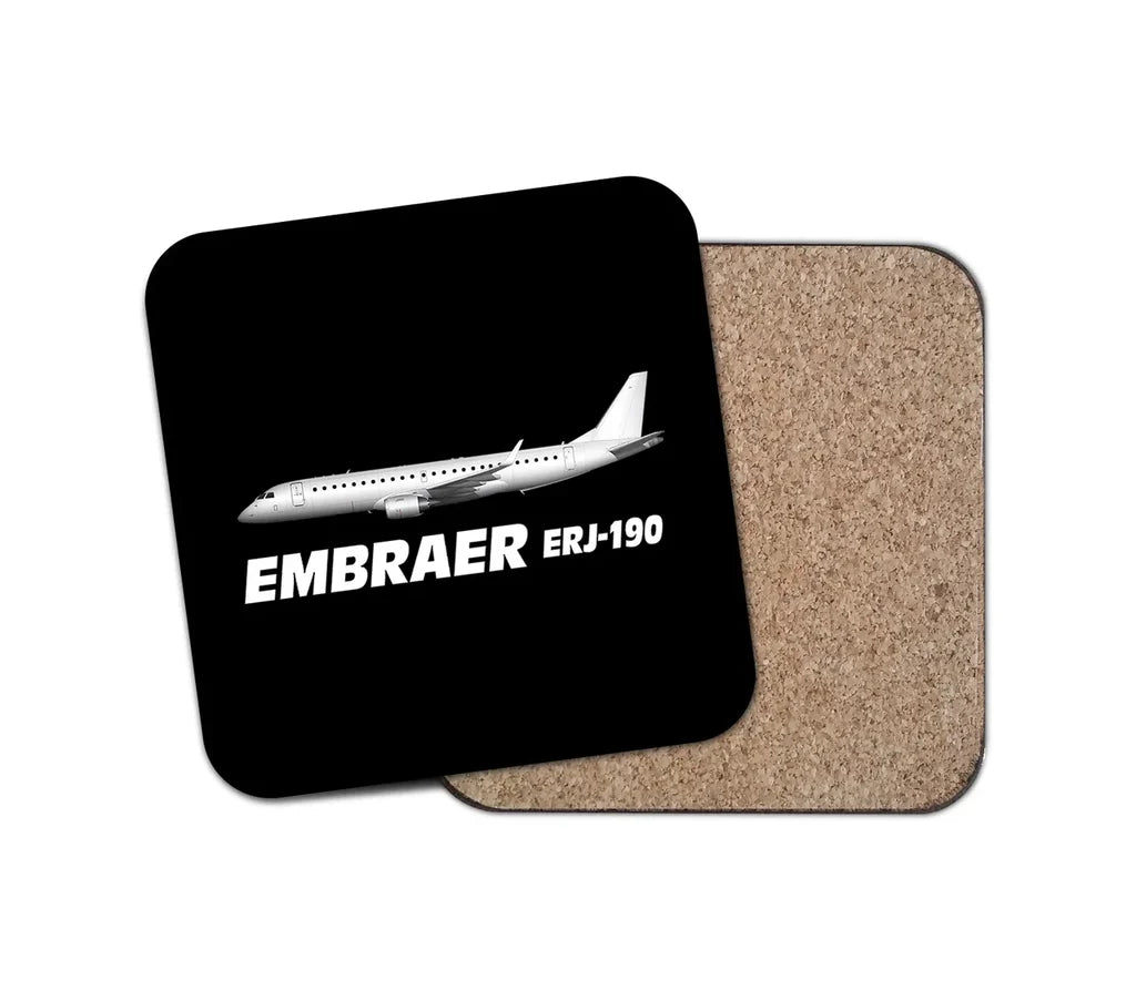 The Embraer ERJ-190 aviation design on cork-backed wood with print coaster.