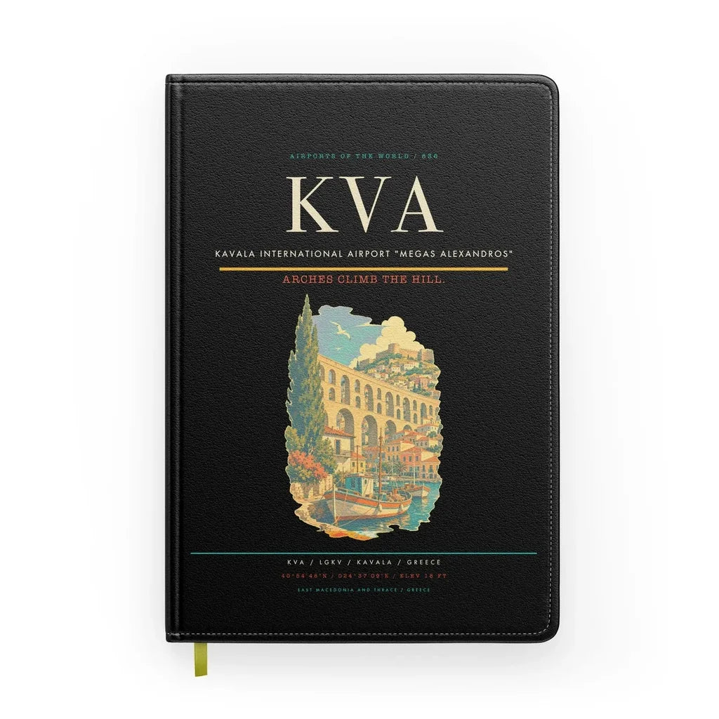 Kavala International Airport Megas Alexandros (KVA) design on black notebook