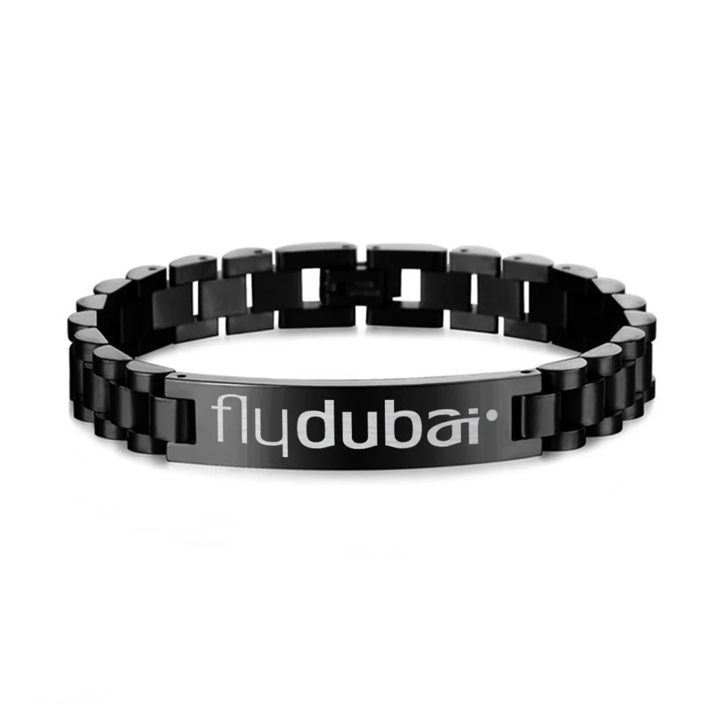 Flydubai Airlines aviation chain bracelet, stainless steel body with engraved detail.