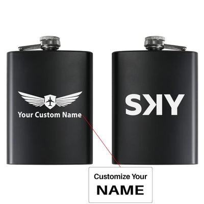 SKY Airline aviation design on stainless hip flask, compact pocket-size flask.