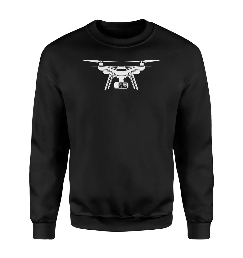 Drone Silhouette aviation design printed on soft cotton blend sweatshirt.