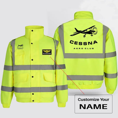 Cessna Aeroclub aviation design printed on insulated shell with high-visibility reflective panels reflective winter jacket.