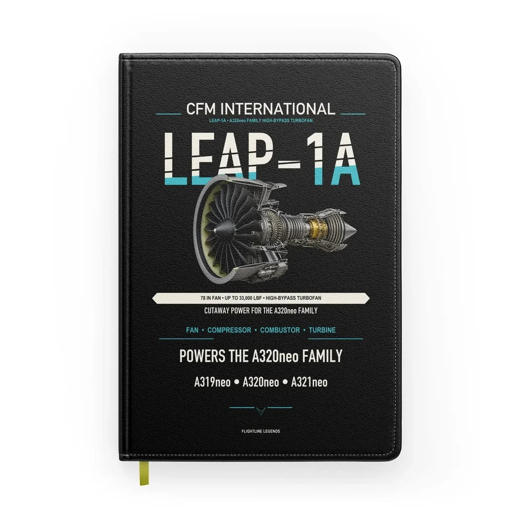 CFM LEAP-1A design on black notebook