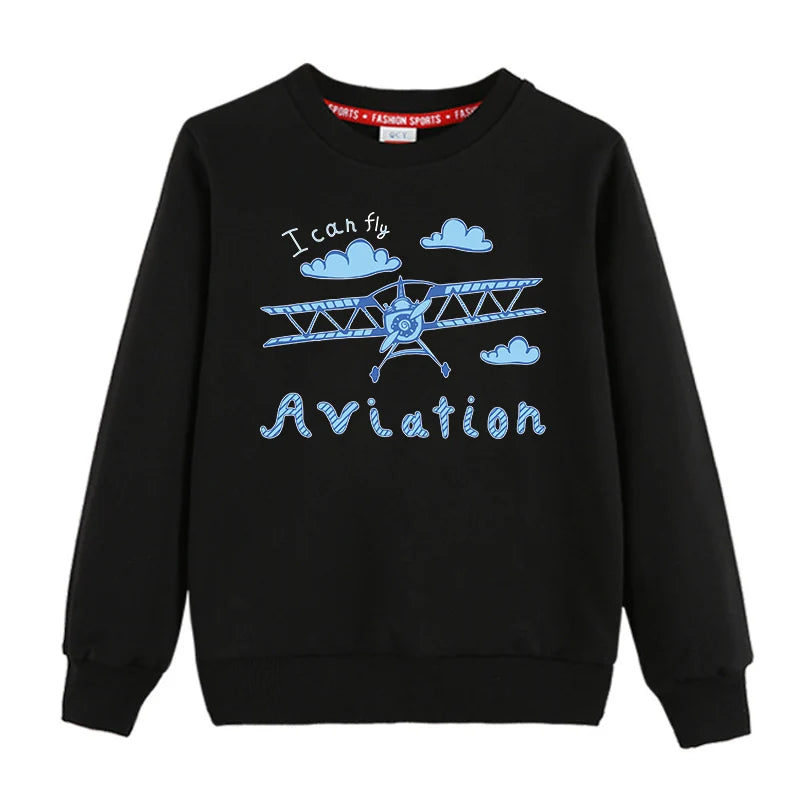 I Can Fly & Aviation "CHILDREN" aviation design printed on soft cotton blend kids' sweatshirt.