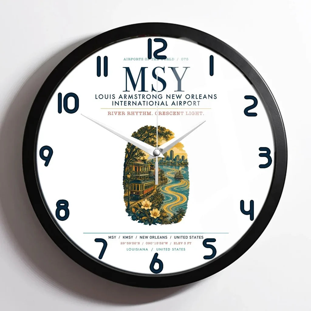 Louis Armstrong New Orleans International Airport (MSY) design on white framed wall clock