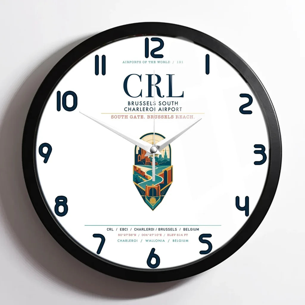 Brussels South Charleroi Airport (CRL) design on white framed wall clock
