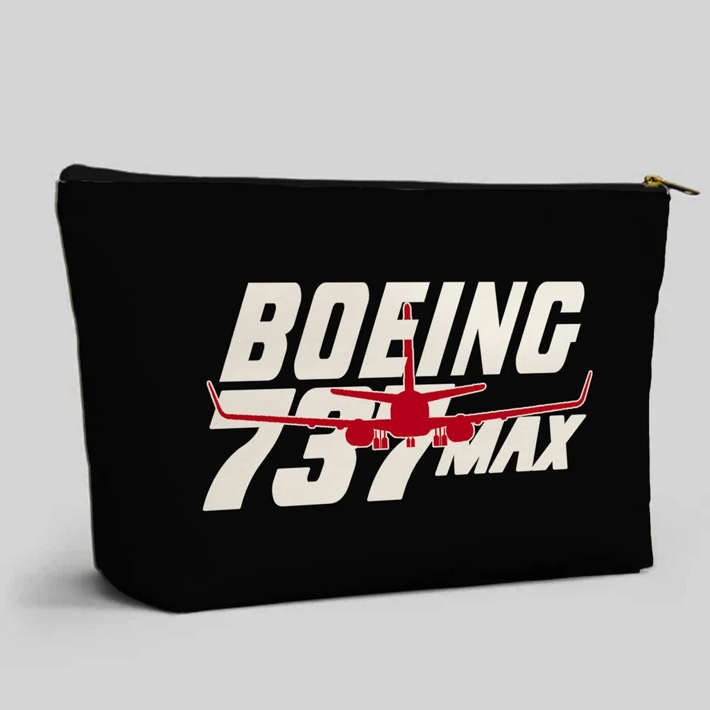 Amazing 737 Max aviation design zipper pouch, durable polyester construction.