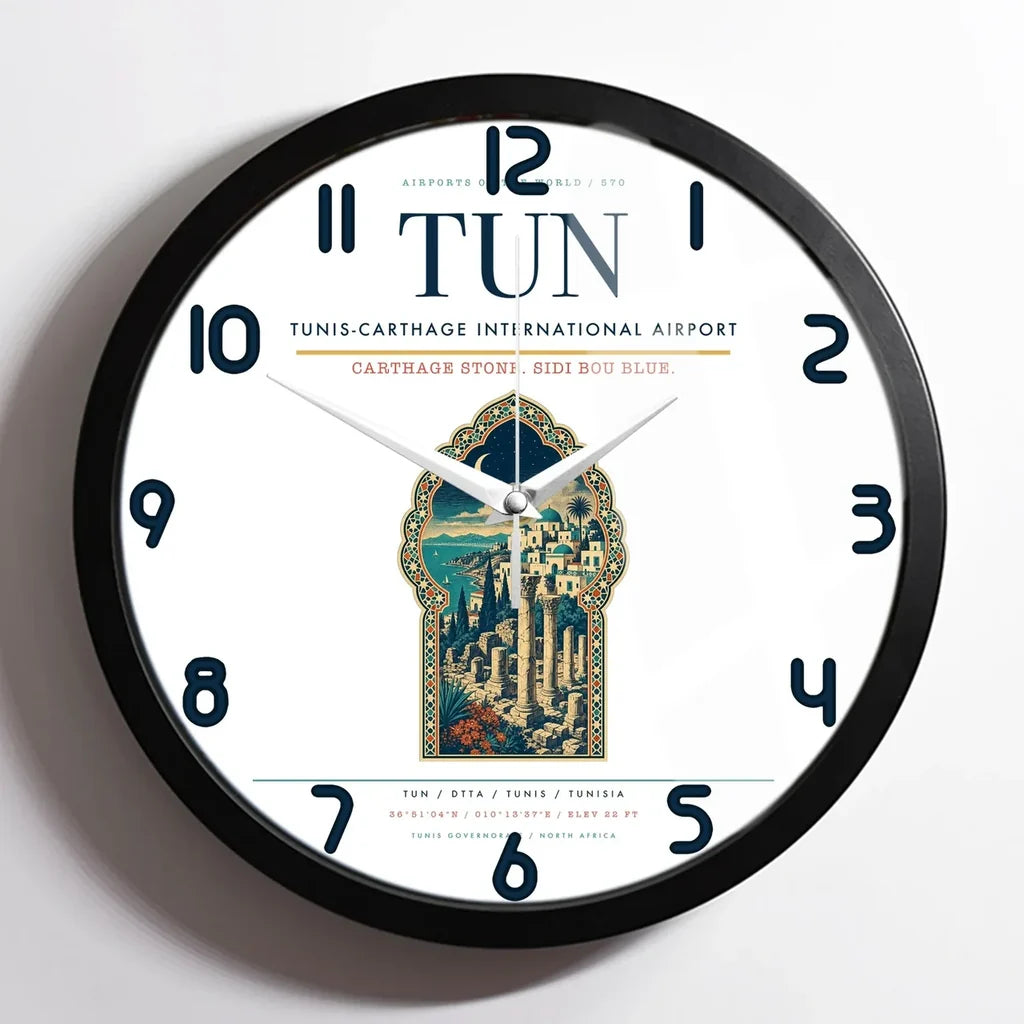 Tunis-Carthage International Airport (TUN) design on white framed wall clock