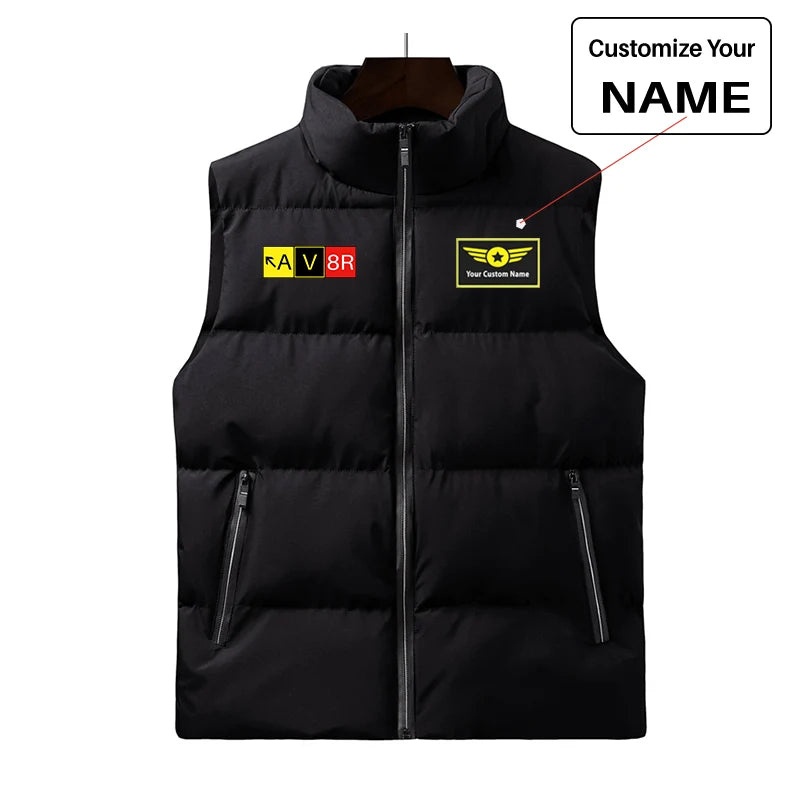 AV8R aviation design printed on quilted padding with sleeveless design puffy vest.
