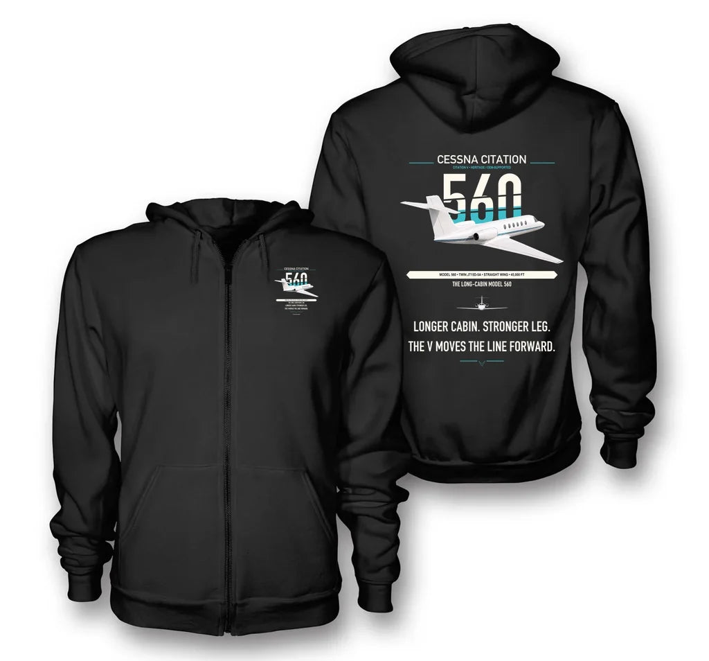Cessna Citation 560 - Citation V design on black premium zipped hoodie, double-side print