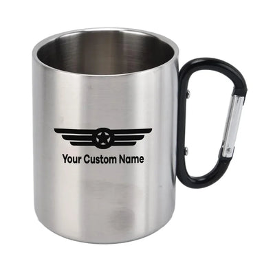 Custom Name (Badge 6) aviation design on outdoor mug, durable insulated construction.