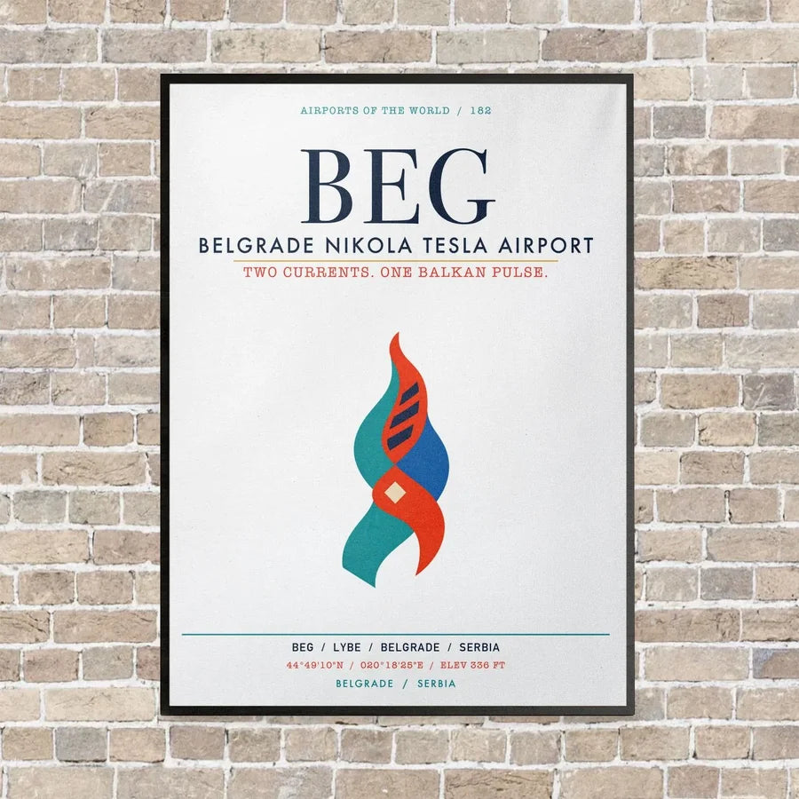 Belgrade Nikola Tesla Airport BEG vertical canvas print - framed - white background