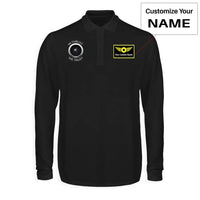Thumbnail for In Thrust We Trust aviation design printed on soft cotton long-sleeve polo shirt.