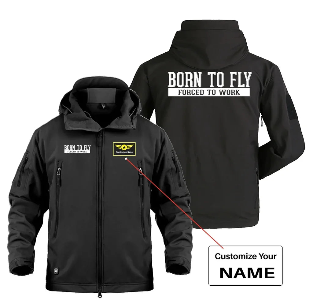 Born To Fly Forced To Work Military Jackets (Customizable) aviation design printed on heavy cotton shell with field-style poc.