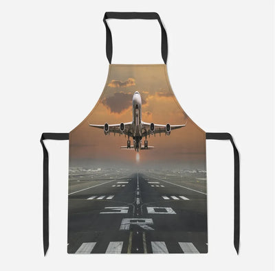 Aircraft Departing from RW30 aviation design on durable cotton blend kitchen apron.