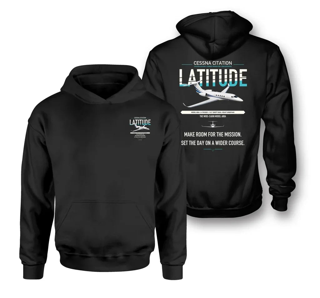 Cessna Citation Latitude design on black double-side hoodie, double-side print