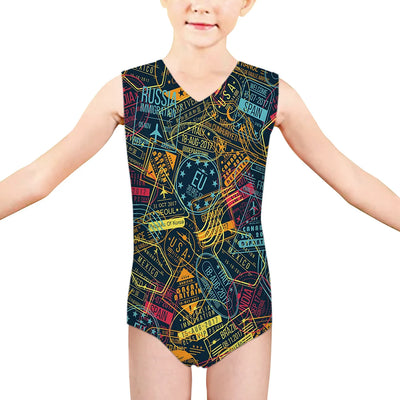 Dark Coloured Passport Stamps aviation print on kids quick-dry fabric swimsuit.