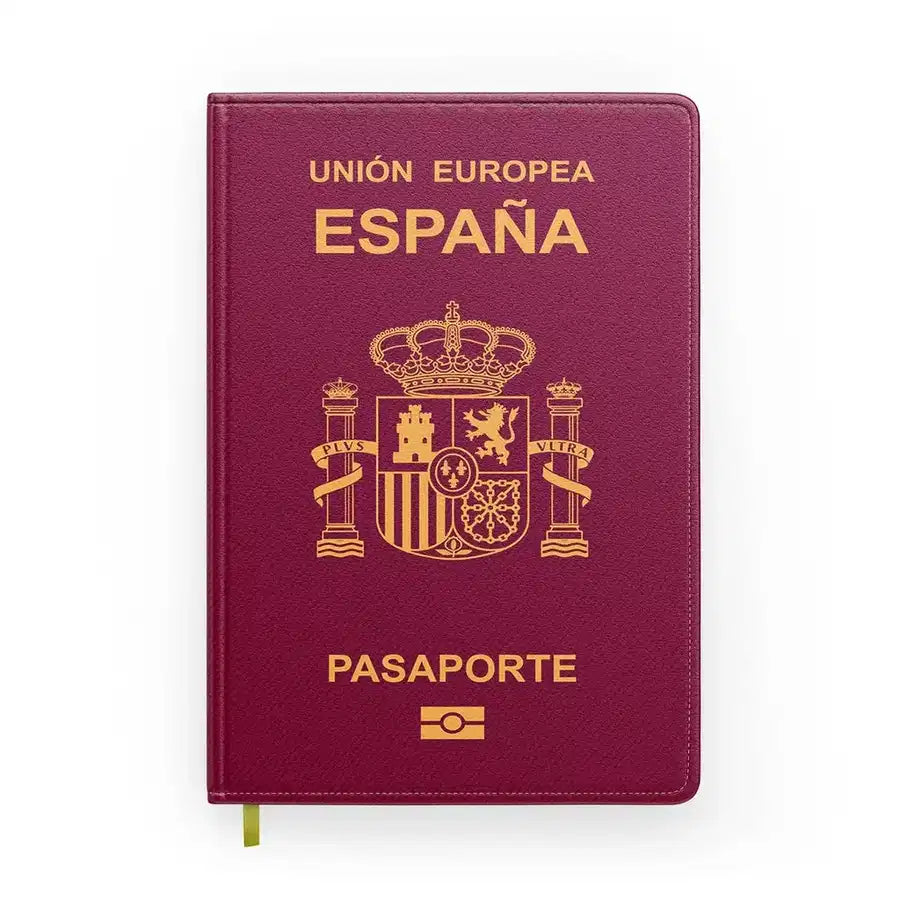 Spain Passport aviation design on premium hardcover notebook.
