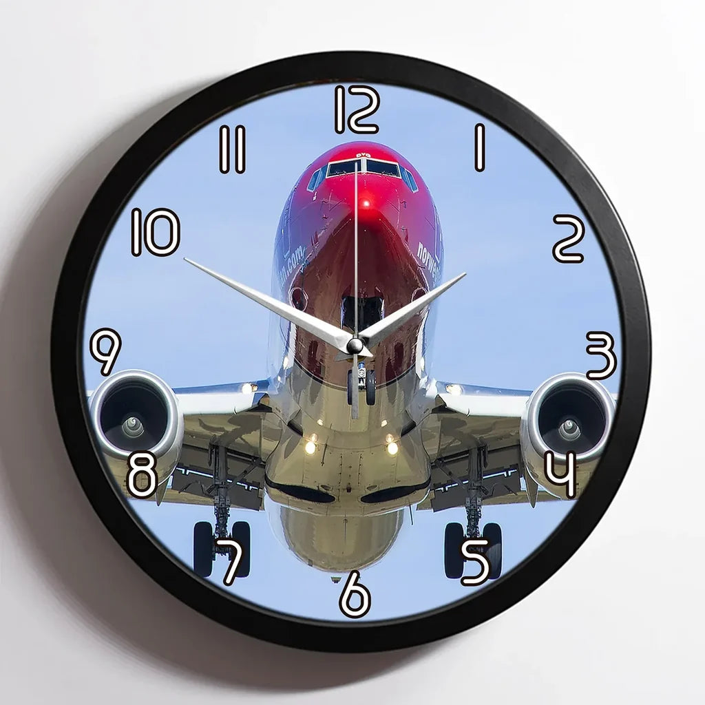 Face to Face with Norwegian Boeing 737 aviation design on premium wood and metal wall clock.