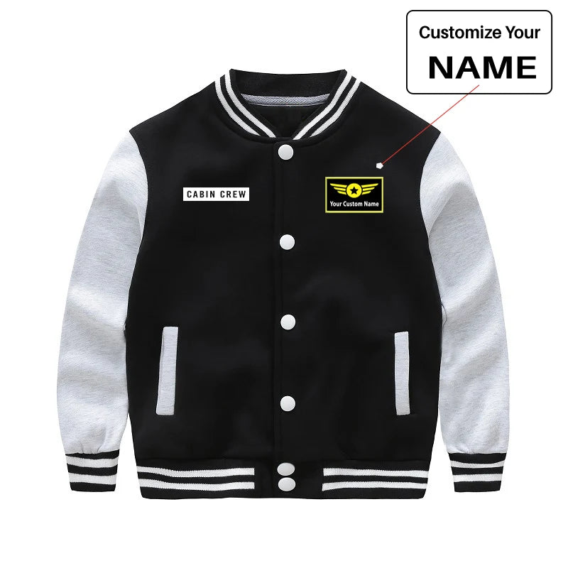 Cabin Crew Text "CHILDREN" aviation design printed on two-tone shell with ribbed cuffs kids' baseball jacket.