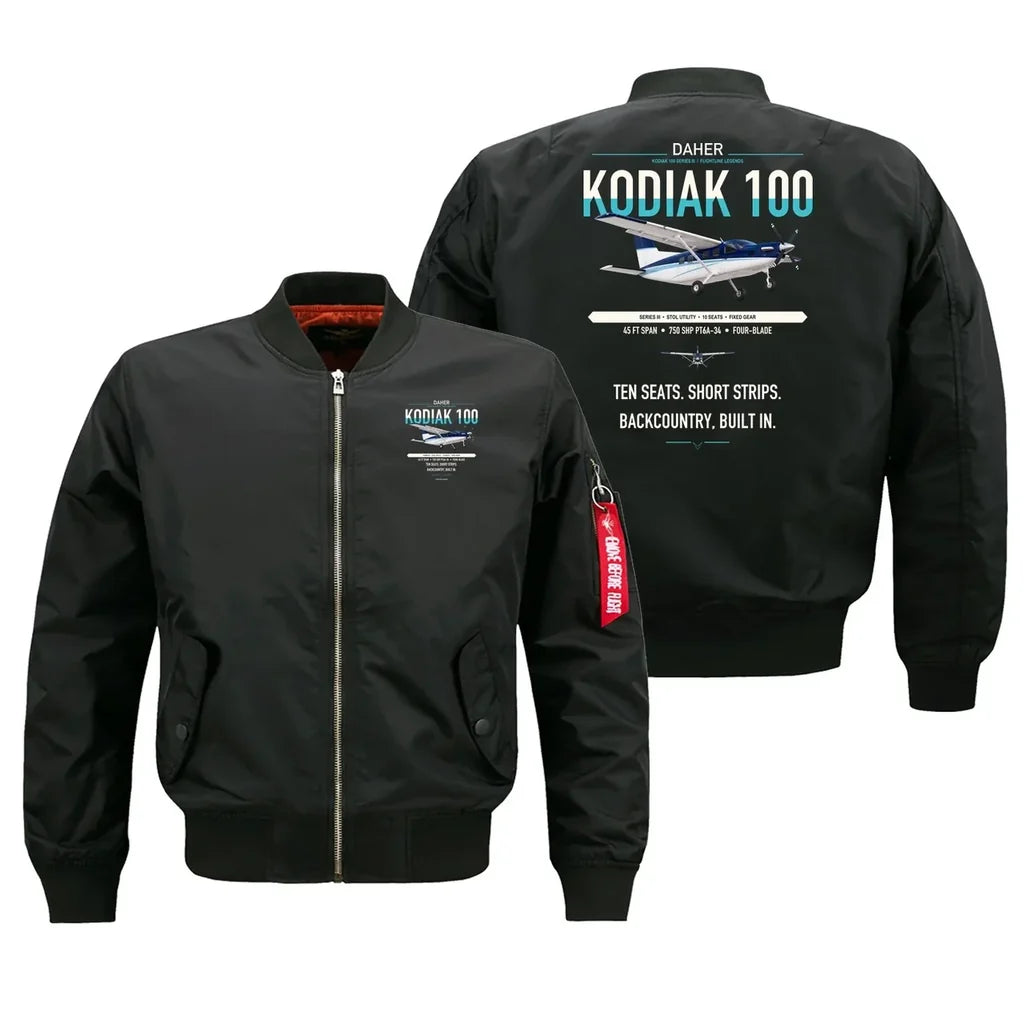 Daher Kodiak 100 Series III design on black bomber jacket, double-side print