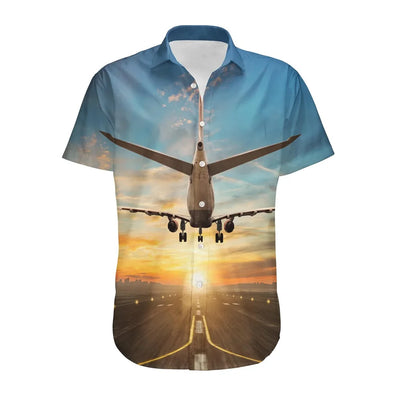 Airplane over Runway Towards the Sunrise aviation design printed on soft cotton shirt.