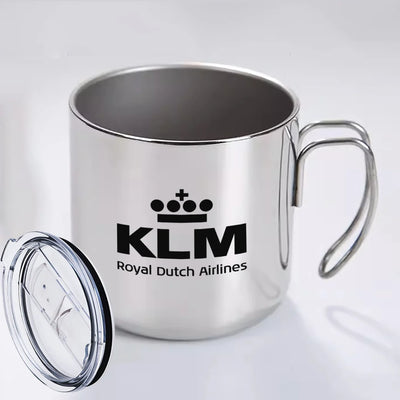 KLM Royal Dutch Airlines aviation design on portable mug, vacuum-insulated double-wall.