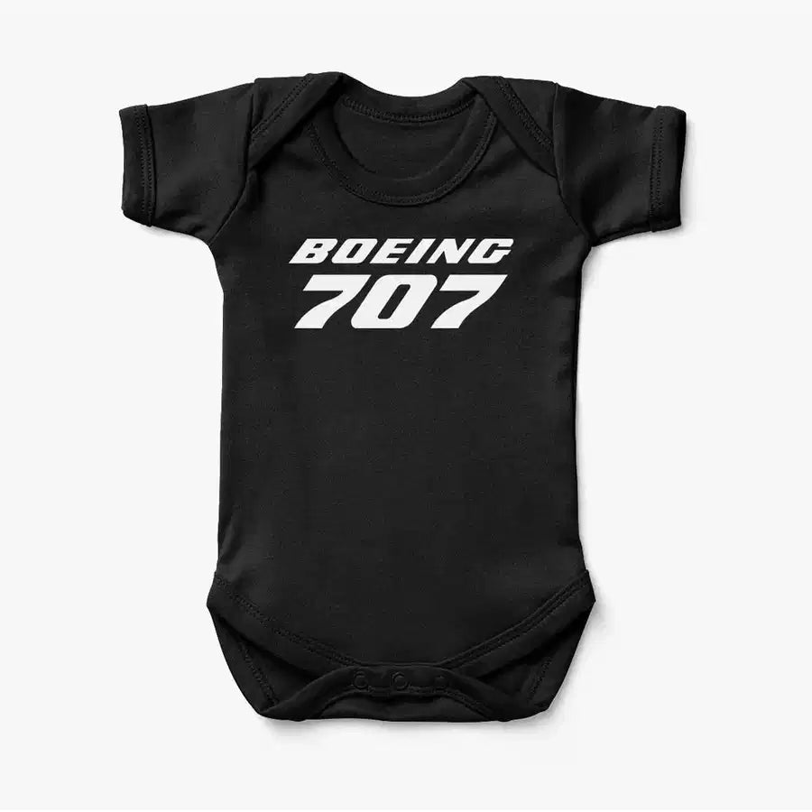 Boeing 707 & Text aviation print on kids gentle cotton bodysuit.
