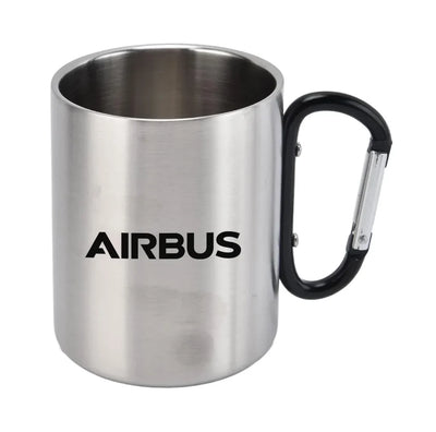 Airbus & Text aviation design on outdoor mug, durable insulated construction.