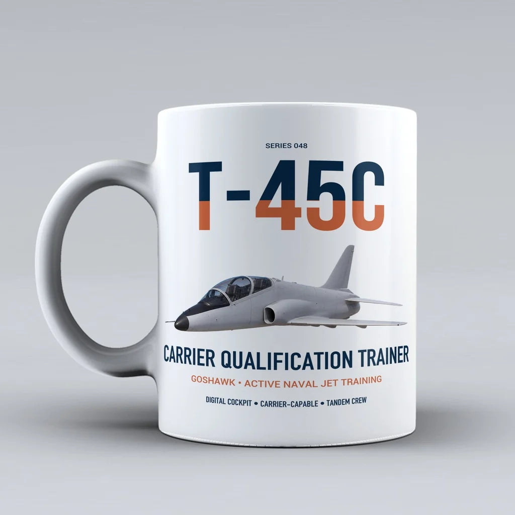 T-45C Goshawk design on white ceramic mug, double-side print