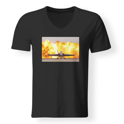 Face to Face with Air Force Jet & Flames aviation design printed on soft cotton V-neck T-shirt.