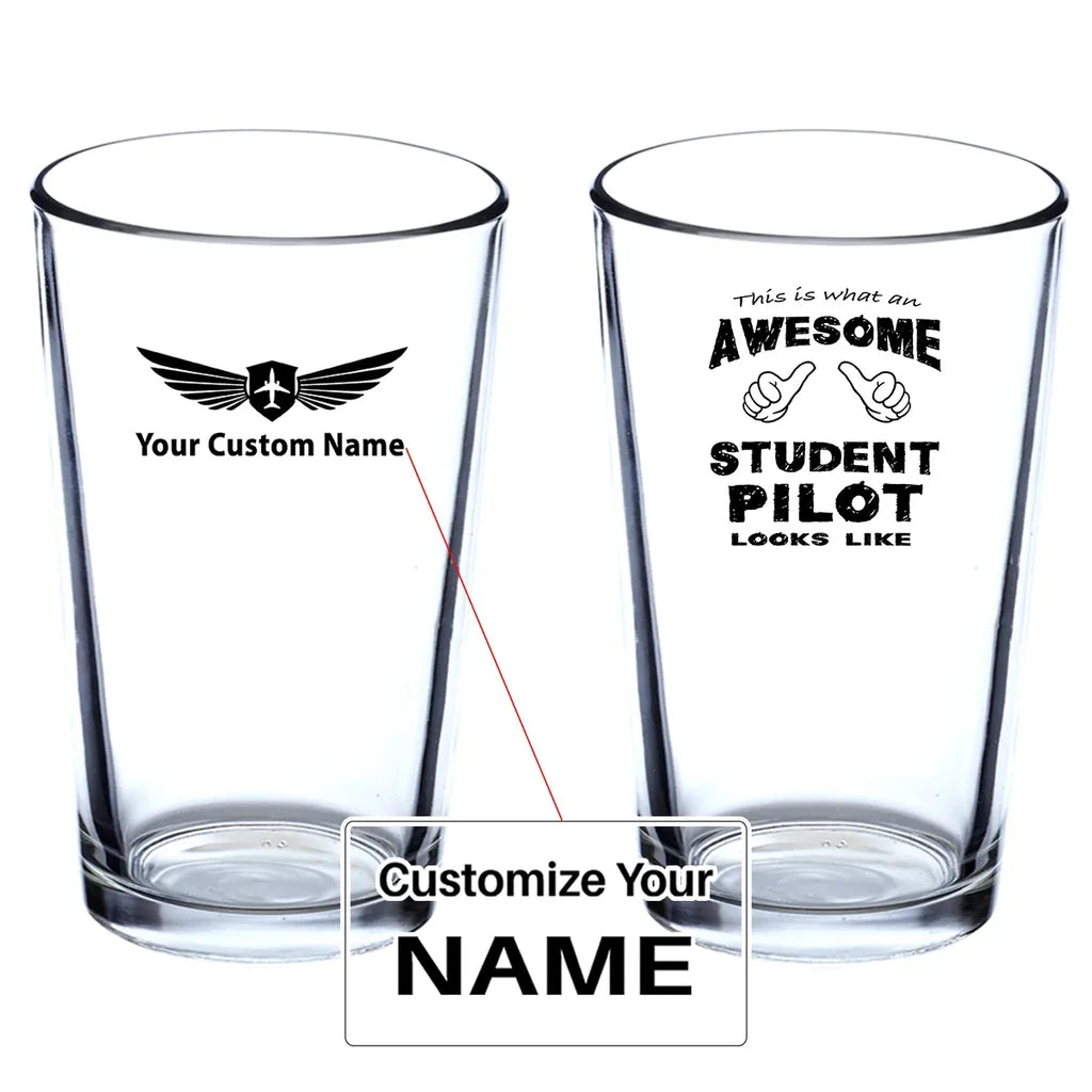 Student Pilot Beer & aviation design on beer water glass, versatile drinkware.