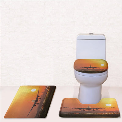 Amazing Airbus A330 Landing at Sunset Toilet Seat Cover Three-piece aviation print on soft fabric toilet seat cover set.