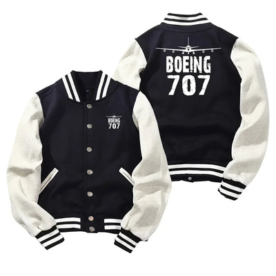 Boeing 707 & Plane Baseball Style aviation design printed on two-tone shell with ribbed cuffs baseball jacket.
